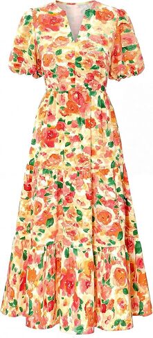 Dowerme Womens Summer Dresses 2025 Disual Puff Shore Sleeve v Neck Floral Boho Tiered Shulk Maxi Dress مع جيوب in Saudi Arabia