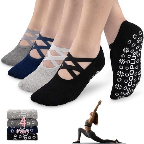 COOPLUS Yoga Socks for Women Non Slip Grips Pilates Socks for Pure Barre,Ballet,Dance,Barefoot Workout (4 Pairs) in Kuwait