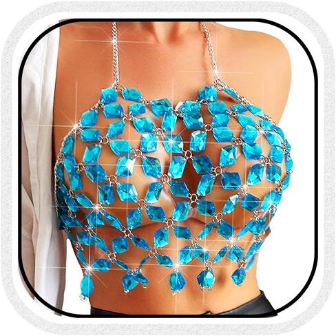 BODIY Crystal Body Chain Top Rhinestones Halter Crop Tops Silver Chest Chain Bra Body for Women in Saudi Arabia