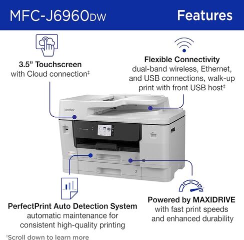 Brother MFC-J6955DW INKvestment Tank Color Inkjet All-in-One Printer with Wireless, Duplex Printing, 11" x 17" Scan Glass and Up to 1-Year of Ink in-Box in Kuwait