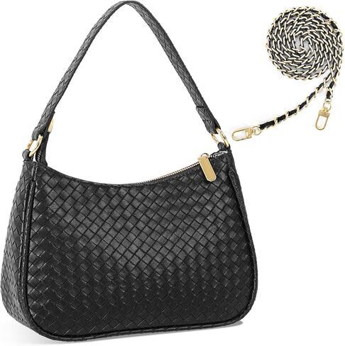 Woven Shoulder Bag for Women Gifts Detachable Strap Vegan Leather Hobo Handbag Purses Quilted Crossbody Crescent Mini Clutch in Kuwait