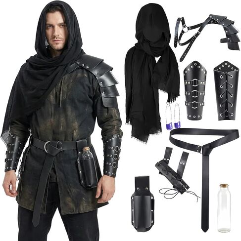 إكسسوارات النهضة رجال من العصور الوسطى الفارس زي جلود كتف درع حزام حزام هود in Kuwait