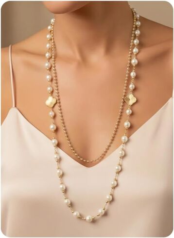 قلادة لؤلؤة طويلة محاكاة الطبقات الطويلة ذات الطبقات الطويلة للنساء ، هدية مجوهرات قلادة مملسة 14 ألفًا من الذهب. in Kuwait