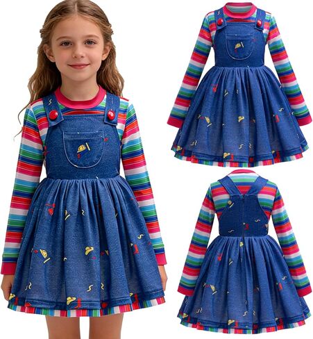 2pcs الأزرق الدنيم فستان زي طفل فتيات تودلر زي أفلام 2T مع مجموعة مخطط رعب رعب الهالوين تأثيري in Kuwait