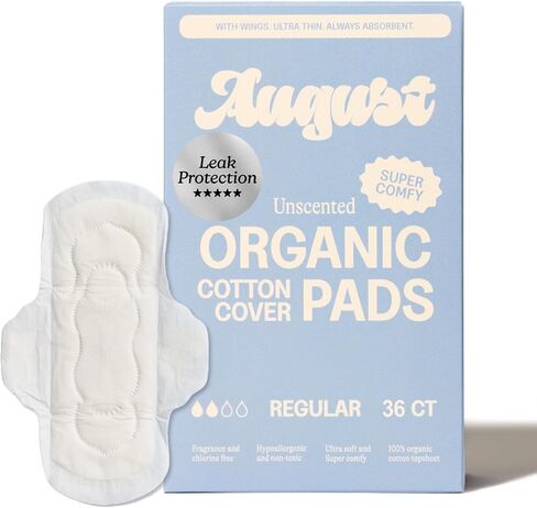 August Regular Cotton Menstrual Pads, 36-Pack Ultra Thin Pads with Wings, Hypoallergenic Sanitary Napkins with Organic Cotton Topsheet, Compostable Wrappers, Toxin Free, Fragrance Free in Kuwait