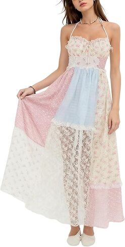 Argeousgor Women 2024 Bohemian Maxi Dress Sleeveless Embroidered Flowy Smocked Long Dress Summer Beach Sundresses in Kuwait