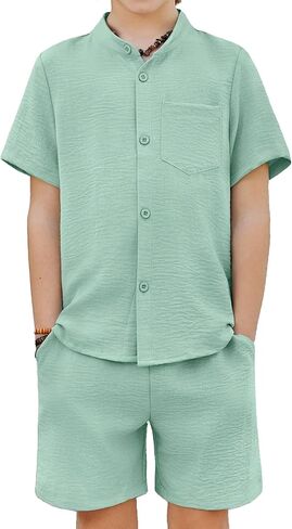 Arshiner Toddler Boys 2 Piece Set Short Sleeve Button Down Shirt and Shorts Vacation Texture Outfits with Pocket 2-13 Years in Saudi Arabia