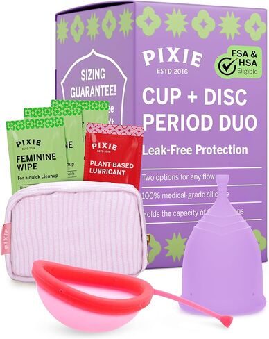 Pixie Menstrual Cup & Disc Duo - Ranked 1 for Most Comfortable Reusable Period Cup & Disc - Buy One We Give One - Includes Ebook Guide, Flushable Wipes, Lube, Sanitizer & Storage Bag in Kuwait