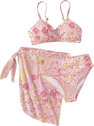 Girl's 3 Piece Floral Leopard Bathing Suit O Ring Padded Bikini Set Swimsuits with Beach Skirt in Kuwait