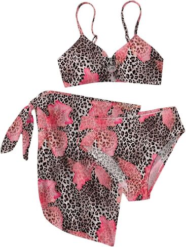 Girl's 3 Piece Floral Leopard Bathing Suit O Ring Padded Bikini Set Swimsuits with Beach Skirt in Kuwait