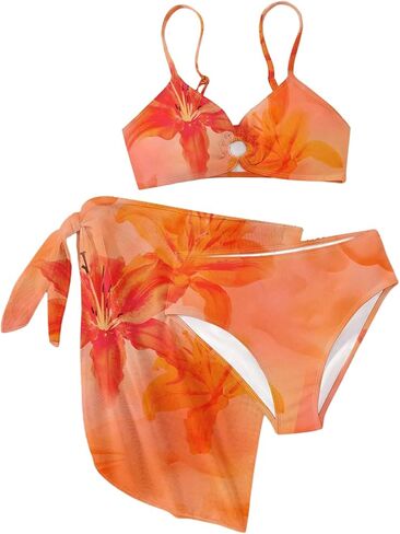 Girl's 3 Piece Floral Leopard Bathing Suit O Ring Padded Bikini Set Swimsuits with Beach Skirt in Kuwait