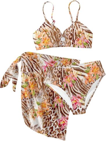Girl's 3 Piece Floral Leopard Bathing Suit O Ring Padded Bikini Set Swimsuits with Beach Skirt in Kuwait