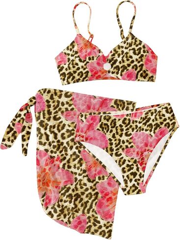 Girl's 3 Piece Floral Leopard Bathing Suit O Ring Padded Bikini Set Swimsuits with Beach Skirt in Kuwait