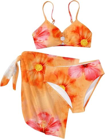 Girl's 3 Piece Floral Leopard Bathing Suit O Ring Padded Bikini Set Swimsuits with Beach Skirt in Kuwait