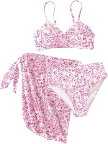 Girl's 3 Piece Floral Leopard Bathing Suit O Ring Padded Bikini Set Swimsuits with Beach Skirt in Kuwait
