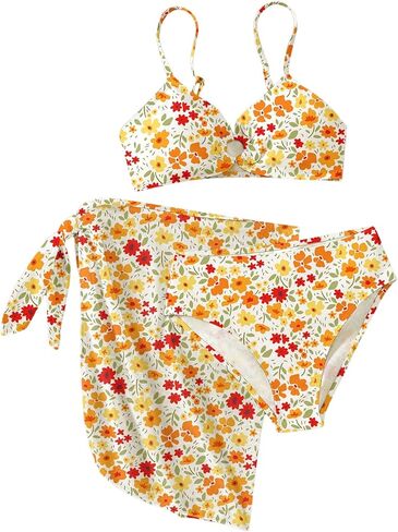 Girl's 3 Piece Floral Leopard Bathing Suit O Ring Padded Bikini Set Swimsuits with Beach Skirt in Kuwait
