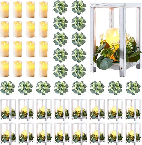 48 Pcs/16 Set Wedding Lantern Centerpiece for Table-Wooden Candle Lantern Bulk Includes 16 Farmhouse Wooden Candle Holder 16 Flameless LED Candles 16 Eucalyptus Leaves Wreath for Decoration in Kuwait