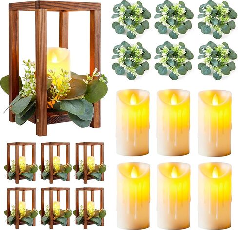 48 Pcs/16 Set Wedding Lantern Centerpiece for Table-Wooden Candle Lantern Bulk Includes 16 Farmhouse Wooden Candle Holder 16 Flameless LED Candles 16 Eucalyptus Leaves Wreath for Decoration in Saudi Arabia