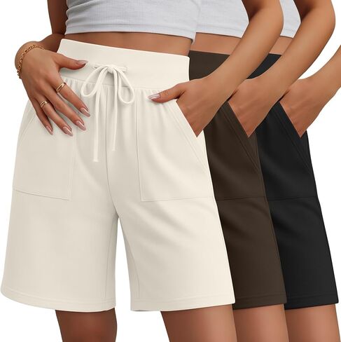 3 Pack Women's Bermuda Shorts High Waist Cotton Drawstring Casual Lounge Athletic Knee Long Shorts with Pockets in Saudi Arabia