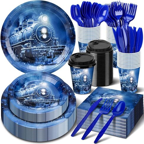 أدوات مائدة لحفلات عيد الميلاد، لوازم حفلات القطار القطبي لخدمة 25 شخصًا، أطباق صدق على القطار، مناديل، أكواب كاكاو ساخنة، سكاكين للاستعمال مرة واحدة، شوك، ملاعق، تزيين أواني الطعام للحفلات in Kuwait