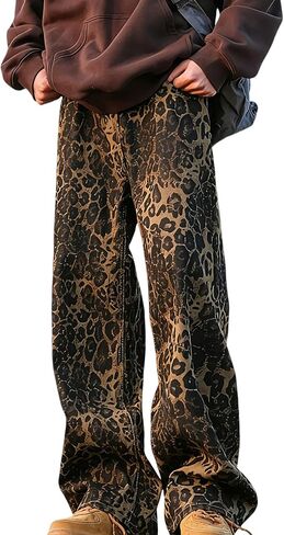 Men Y2k Leopard Print Jeans Baggy Leopard Jeans Vintage Printed Pants Straight Leg Jeans Streetwear in Kuwait