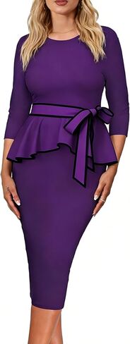 Yiershu Womens Bodycon Pencil Sheath Dress Pleated Crew Neck Peplum Dress Work Business Office in Kuwait