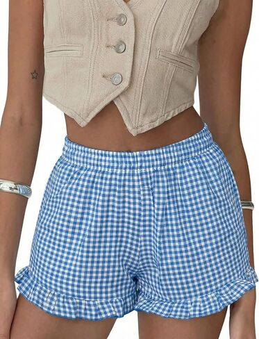 Aoulaydo Boxer Shorts for Women Pajama Gingham Shorts Casual Lounge Sleep Plaid Y2K Beach Bottoms for 2025 Summer in Kuwait