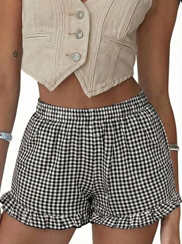 Aoulaydo Boxer Shorts for Women Pajama Gingham Shorts Casual Lounge Sleep Plaid Y2K Beach Bottoms for 2025 Summer in Saudi Arabia
