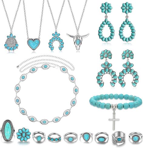 Western Turquoise Jewelry for Women Boho Rings Necklaces Bohemian Earrings Concho Belt Bracelets Set in Kuwait