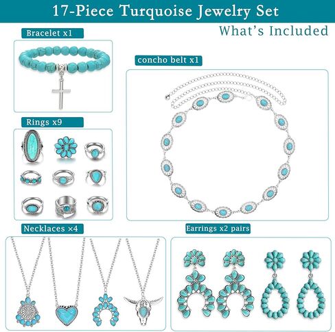 Western Turquoise Jewelry for Women Boho Rings Necklaces Bohemian Earrings Concho Belt Bracelets Set in Kuwait