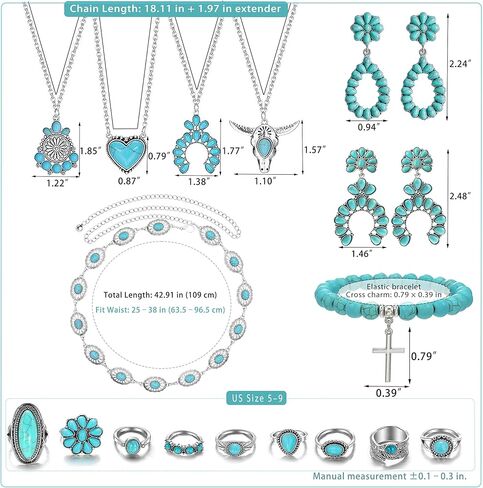 Western Turquoise Jewelry for Women Boho Rings Necklaces Bohemian Earrings Concho Belt Bracelets Set in Kuwait