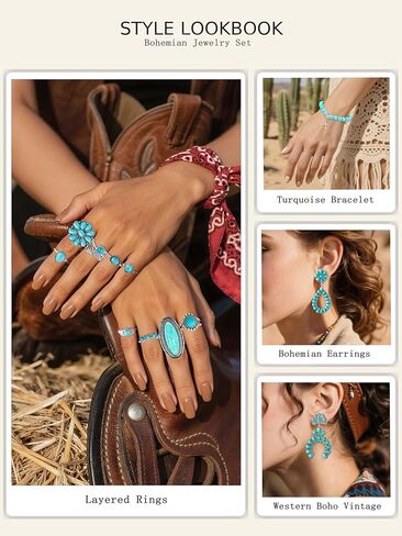 Western Turquoise Jewelry for Women Boho Rings Necklaces Bohemian Earrings Concho Belt Bracelets Set in Kuwait
