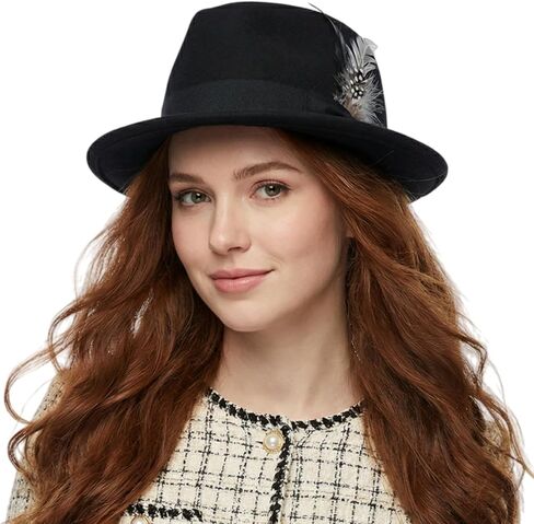 Fedora Hat for Men, Classic Short Brim Adjustable Panama Hat with Feather Winter Felt Jazz Cap in Kuwait