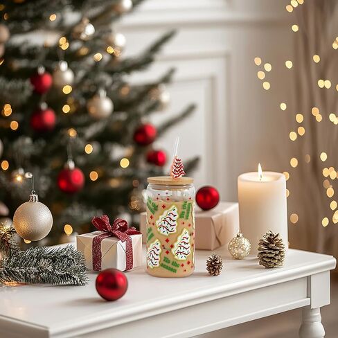 هدية عيد الميلاد كوب القهوة المثلجة، هدية عيد ميلاد عملية، 18 أوقية شجرة كعكة عيد الميلاد بهلوان يمكن الزجاج، البيرة القابلة لإعادة الاستخدام يمكن شرب الزجاج لديكور عيد الميلاد in Kuwait