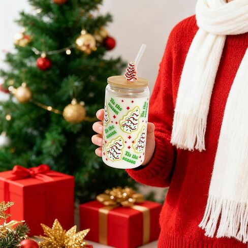 هدية عيد الميلاد كوب القهوة المثلجة، هدية عيد ميلاد عملية، 18 أوقية شجرة كعكة عيد الميلاد بهلوان يمكن الزجاج، البيرة القابلة لإعادة الاستخدام يمكن شرب الزجاج لديكور عيد الميلاد in Kuwait