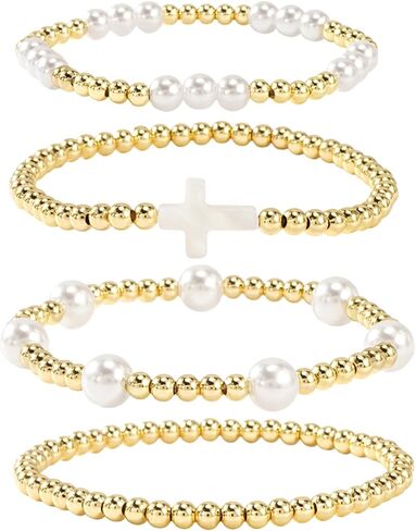 14K Gold Plated Pearl Beaded Cross Bracelets Stack Set for Women,Stretch Boho Colorful Christian Beads Ball Jewelry Friendship Summer Trendy Gift in Kuwait