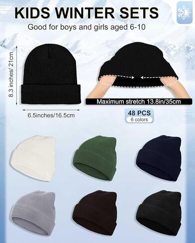 Jecery 48 Pcs Kids Beanie Hat Bulk Knitted Cold Weather Beanie Multicolored Cap Girls Boys' Hats for Homeless Kids Gift for Christmas, 6-10 Years in Kuwait