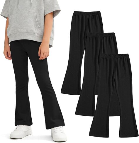 Girls Mid-Rise Flared Pants, 3 Pack Soft Rayon Stretch Bell Bottoms for Kids, Skinny Fit Bootcut Leggings in Kuwait