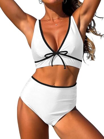 ZAFUL Womens High Waisted Bikini Sets Sexy V Neck Two Piece Swimsuit Cute Bow Ruched Bathing Suit in Saudi Arabia