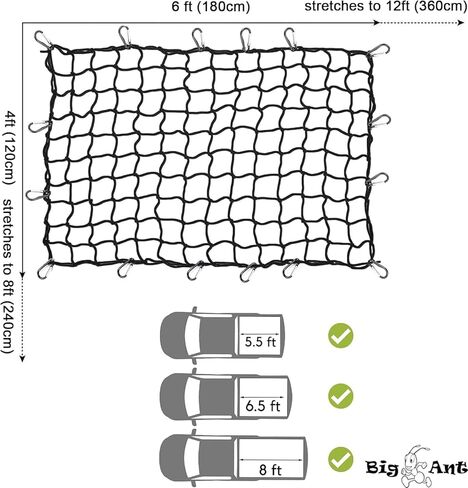 Big Ant 4'x5' Bungee Cargo Net for Pickup Truck Bed - Heavy Duty Cargo Netting with 16 D Clip Carabiners, Small 4" x4" Mesh Holds Small and Large Loads Tighter in Kuwait