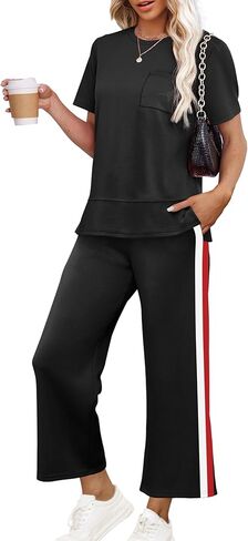 OFEEFAN Women's Lounge Sets Fashion Outfits Wide Leg Loungewear Side Slit Tracksuit for Vacation Travel Airport S-3XL in Kuwait