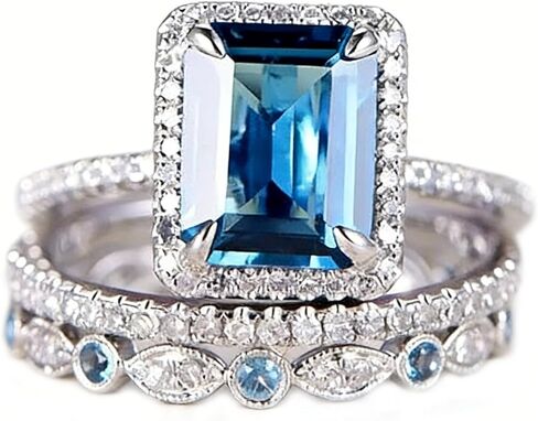Mnyixsi Platinum Plated 925 Sterling Silver Sapphire Engagement Wedding Ring Set AAAAA Cz 925 Sterling Silver 3pcs Square Shape White Blue Gemstone Rings Set Size 8 in Saudi Arabia