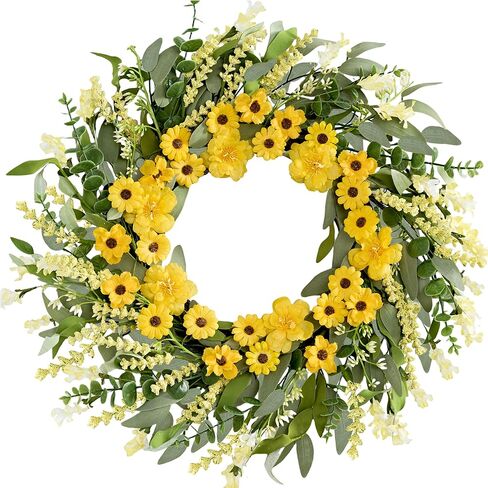 Spring Wreath 22 Inch Artificial Summer Wreath with Yellow Daisy Flowers Green Eucalyptus Leaves Lavender Spring Wreaths for Front Door Home Farmhouse Porch Wall Easter Festival in Saudi Arabia