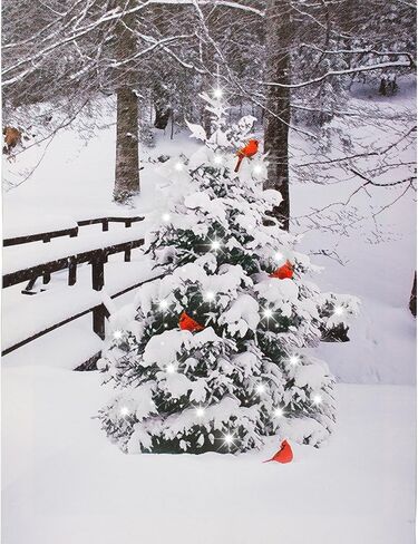 BANBERRY DESIGNS Light up Cardinals on Snow Covered Tree Canvas Wall Art - Winter Snowy Scene and Red Cardinals in the Snow - Lighted LED Christmas Print with 40 Fiber Optic Lights - 16" x 12" x 3/4" in Kuwait