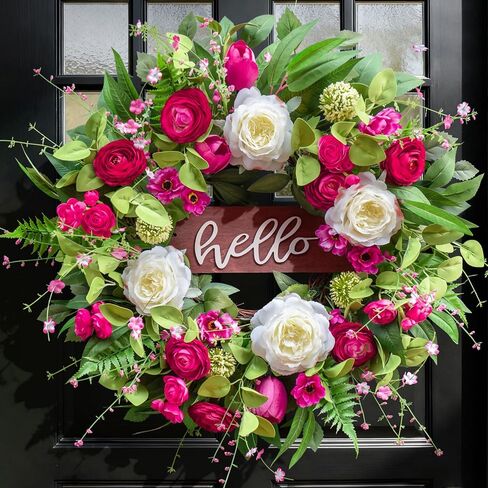 Spring Wreaths for Front Door 24 Inch Outdoor Spring Wreath with Welcome Sign, Vibrant Summer Floral Wreath with Pink Peony Hydrangeas Dahlias Tulips Flower for Wall Window Home Door Décor in Saudi Arabia