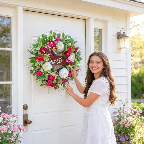 Spring Wreaths for Front Door 24 Inch Outdoor Spring Wreath with Welcome Sign, Vibrant Summer Floral Wreath with Pink Peony Hydrangeas Dahlias Tulips Flower for Wall Window Home Door Décor in Saudi Arabia