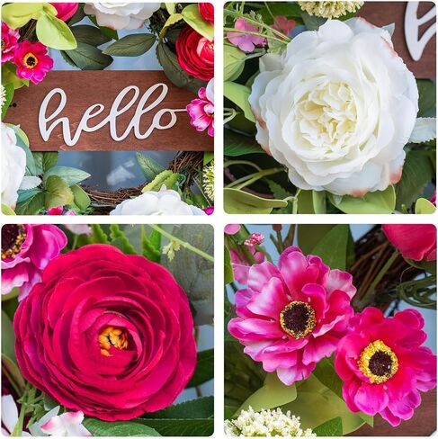 Spring Wreaths for Front Door 24 Inch Outdoor Spring Wreath with Welcome Sign, Vibrant Summer Floral Wreath with Pink Peony Hydrangeas Dahlias Tulips Flower for Wall Window Home Door Décor in Saudi Arabia