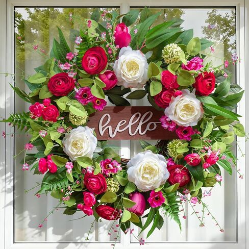 Spring Wreaths for Front Door 24 Inch Outdoor Spring Wreath with Welcome Sign, Vibrant Summer Floral Wreath with Pink Peony Hydrangeas Dahlias Tulips Flower for Wall Window Home Door Décor in Saudi Arabia