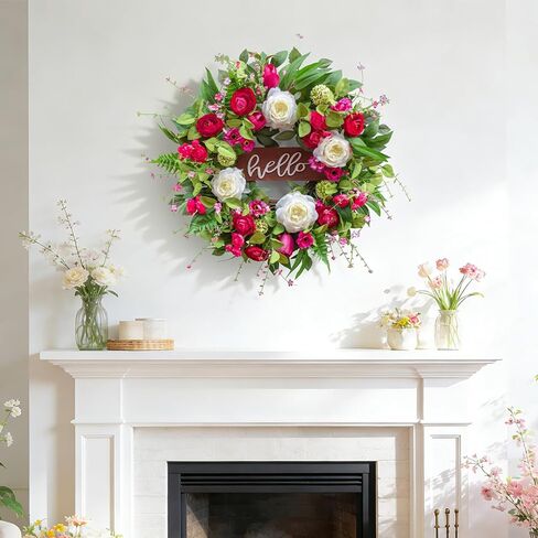 Spring Wreaths for Front Door 24 Inch Outdoor Spring Wreath with Welcome Sign, Vibrant Summer Floral Wreath with Pink Peony Hydrangeas Dahlias Tulips Flower for Wall Window Home Door Décor in Saudi Arabia