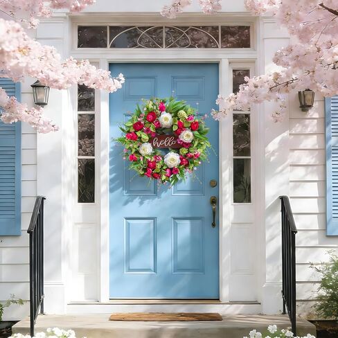 Spring Wreaths for Front Door 24 Inch Outdoor Spring Wreath with Welcome Sign, Vibrant Summer Floral Wreath with Pink Peony Hydrangeas Dahlias Tulips Flower for Wall Window Home Door Décor in Saudi Arabia